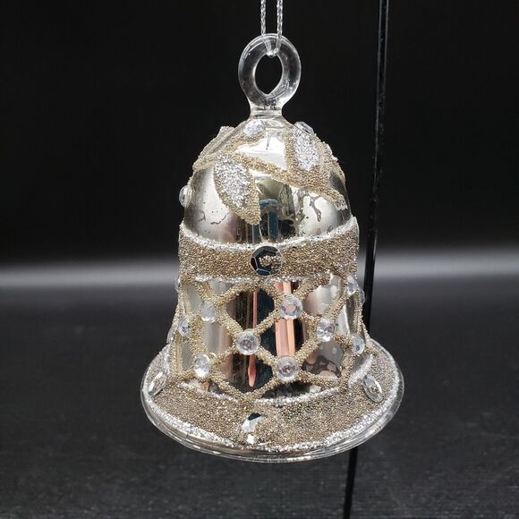 Vintage Mercury Glass Bell Ornament 3" Hand Blown Silver Sugared Design - Picture 3 of 8